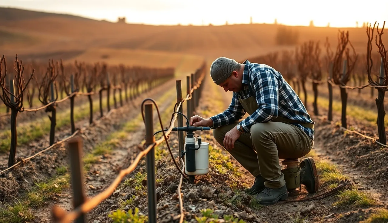 Vineyard worker adjusting fertigation system beside drip irrigation in a grape row