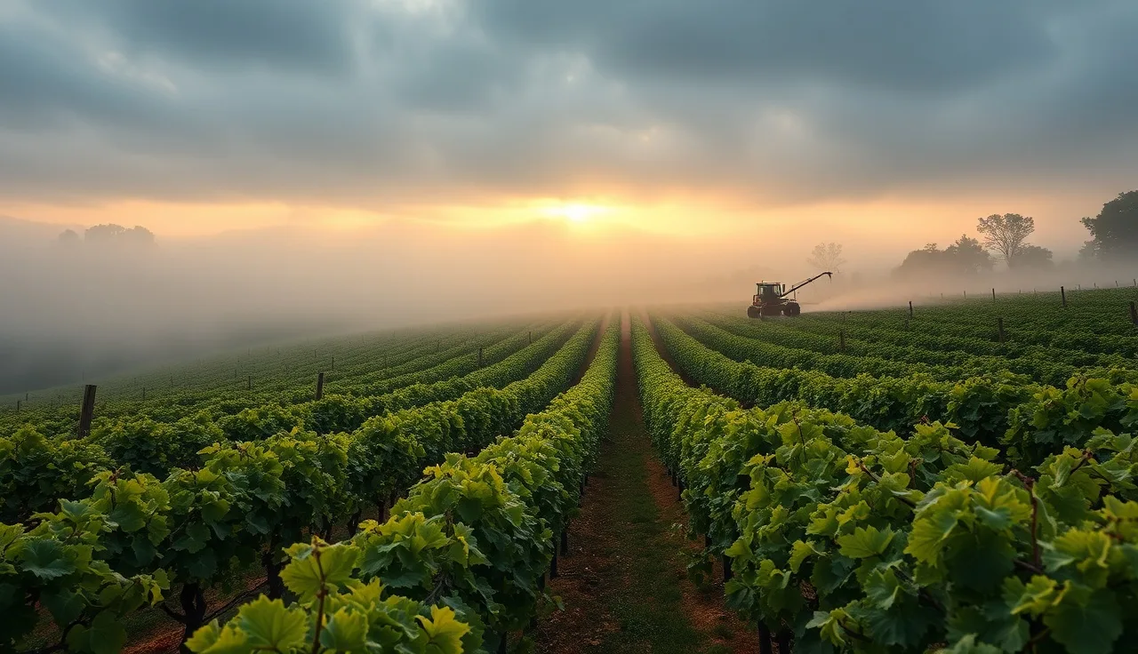 Sulfur sprayer moving through fog-covered grapevine rows at dawn in a humid vineyard