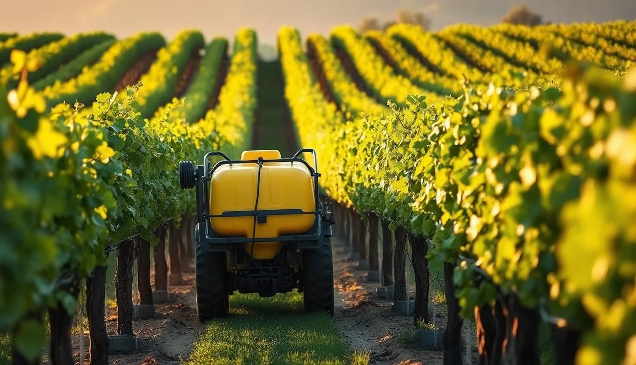 Airblast sprayer applying mist through a vineyard row at sunrise