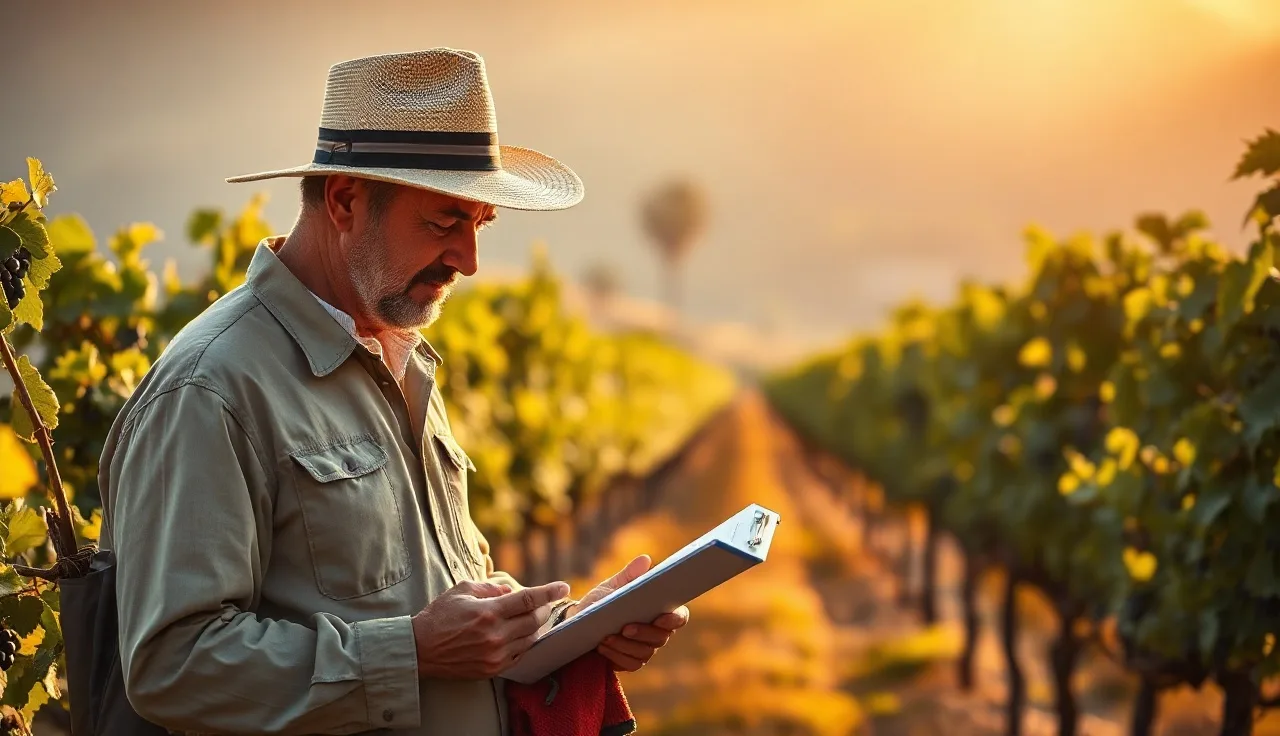 Vineyard manager reviewing pesticide records on a clipboard among grapevine rows