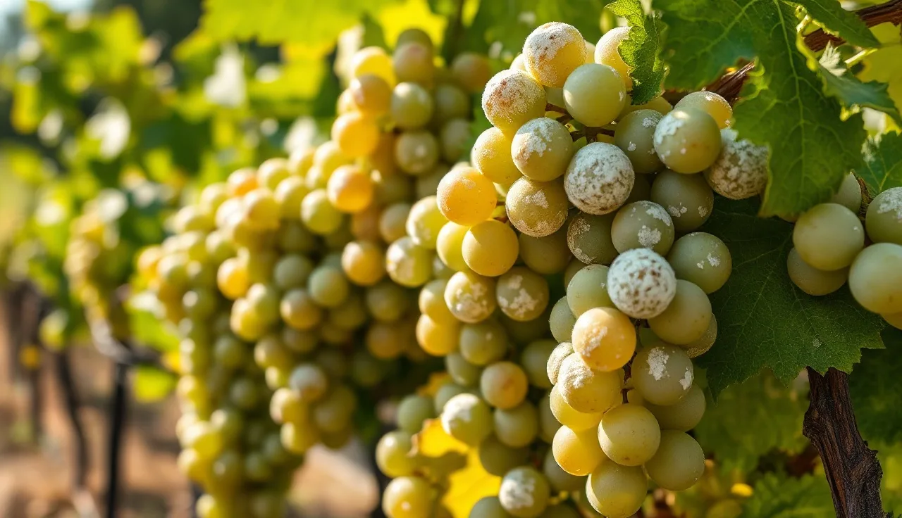 White powdery mildew colonies on green wine grape cluster in California vineyard