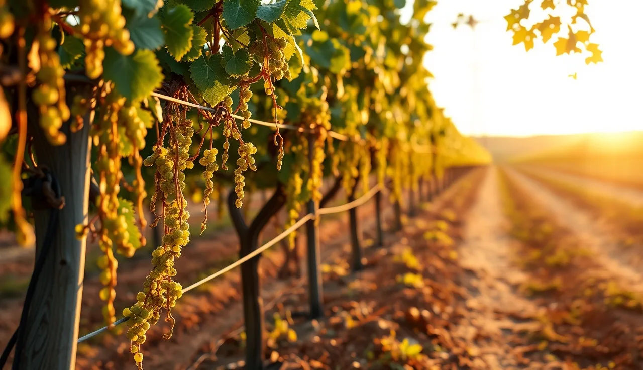 Grapevine shoots drooping over catch wire in a California sprawl trellis block at golden hour