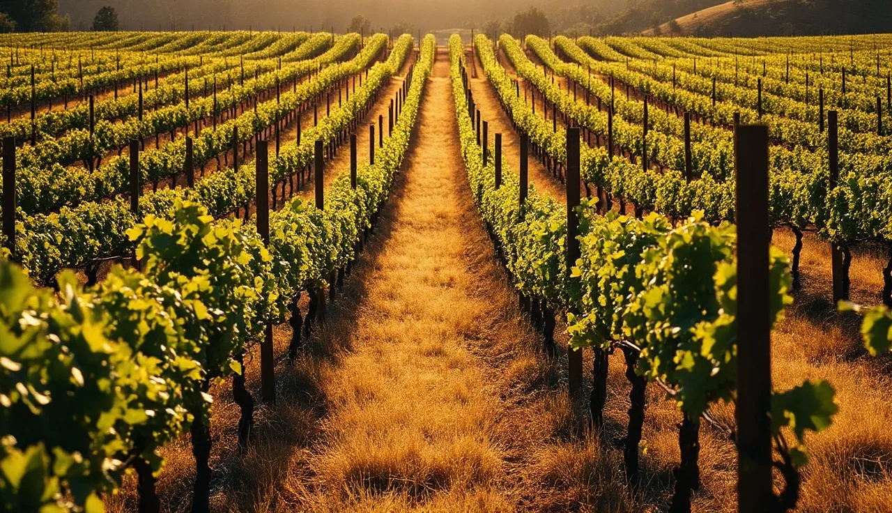 Napa Valley hillside vineyard with Cabernet Sauvignon rows in late afternoon sun