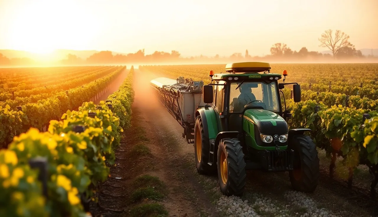 Tractor with tunnel recovery sprayer moving through vineyard rows at dawn