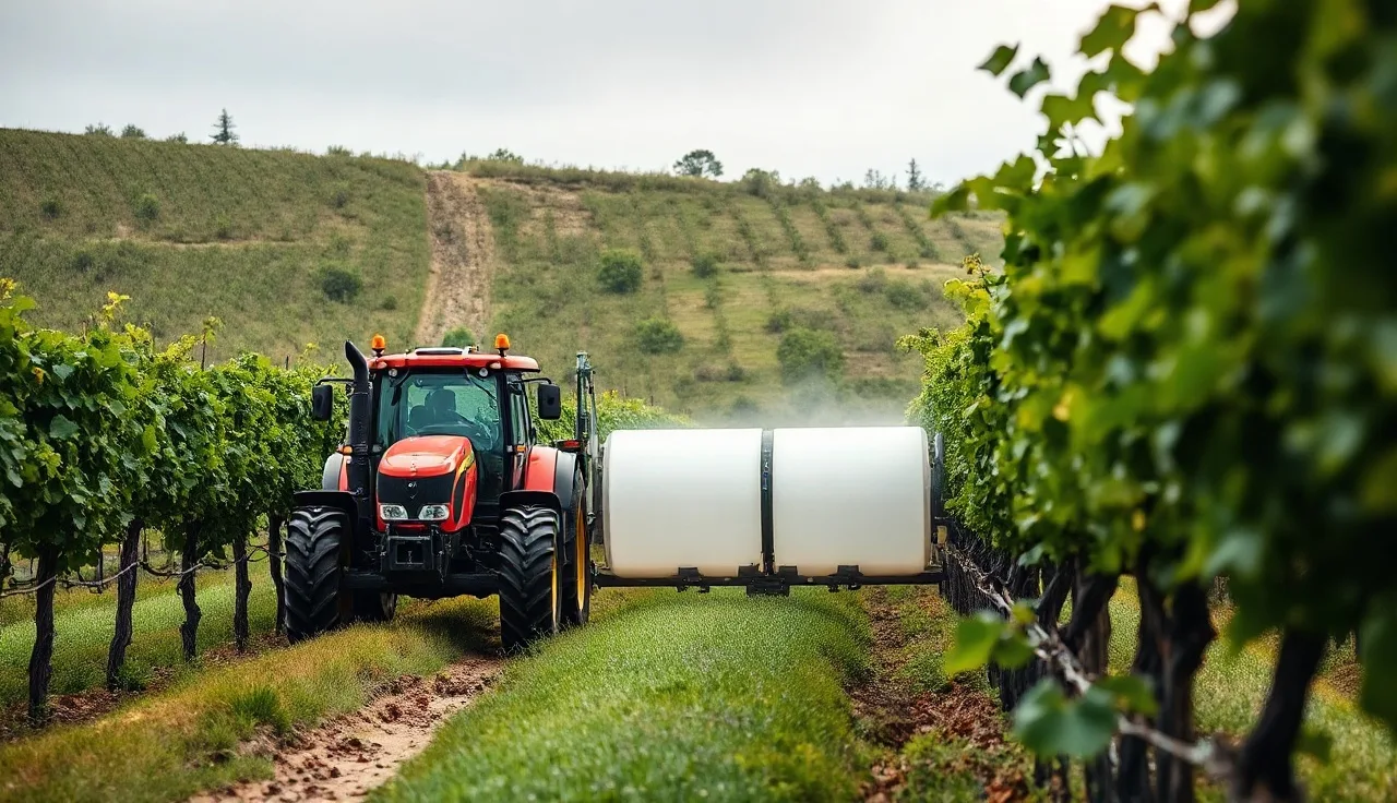 Airblast sprayer applying fungicide through grapevine rows on a hillside vineyard