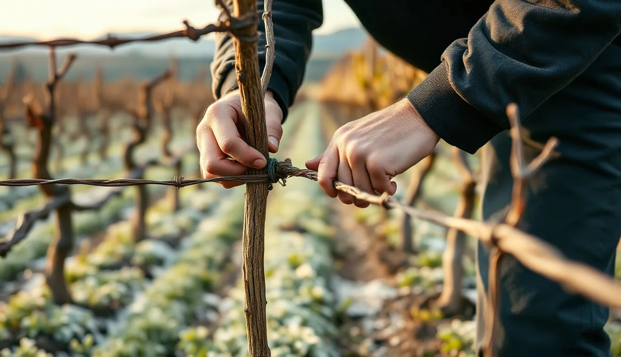 Vineyard worker tying a dormant cane to a fruiting wire during winter pruning