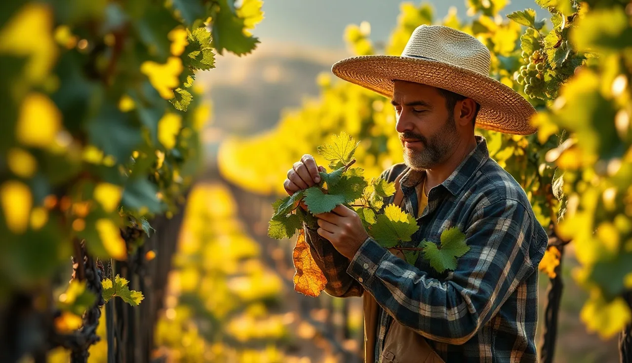 Vineyard worker doing leaf removal in the fruit zone of a grapevine row at morning light