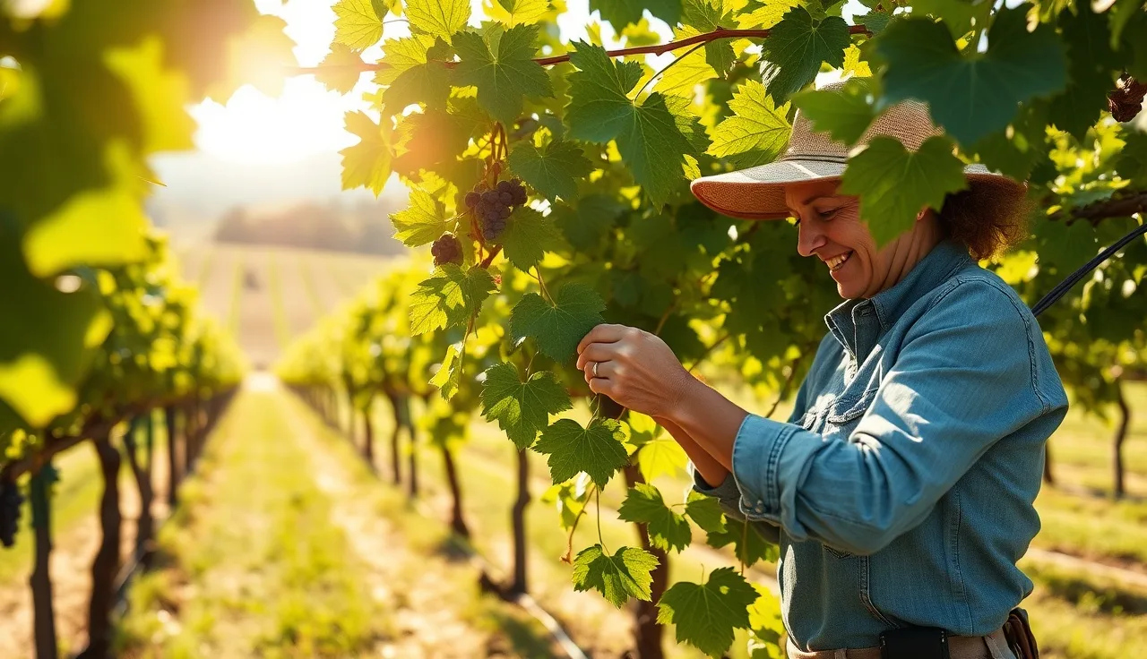 Vineyard worker removing leaves from grapevine fruit zone in summer morning light