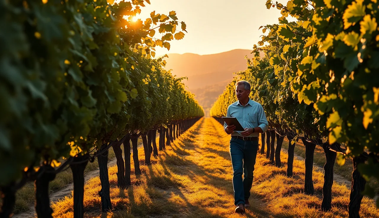 Vineyard manager using a tablet to assess canopy density between vine rows