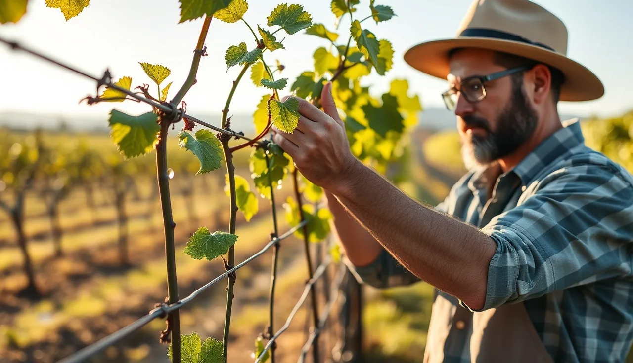 Vineyard worker positioning grapevine shoots into trellis wires during early morning canopy management