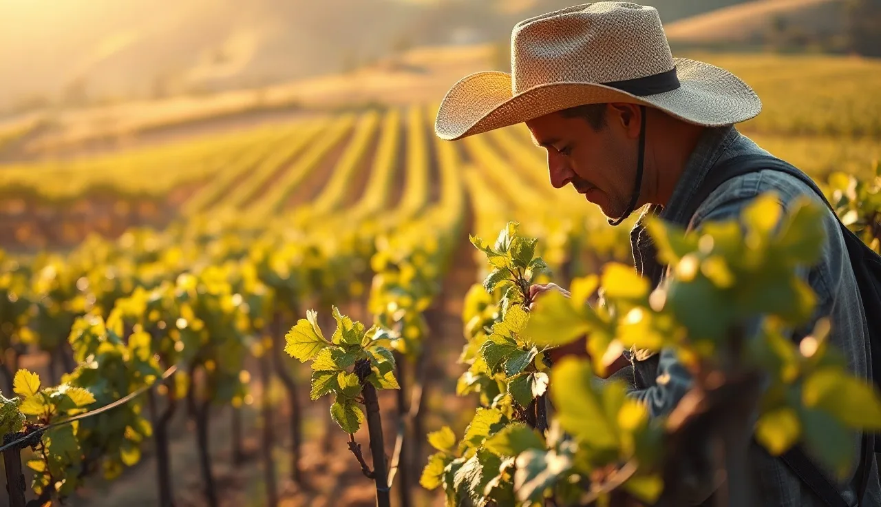 Vineyard worker positioning grapevine shoots into trellis wires at dawn