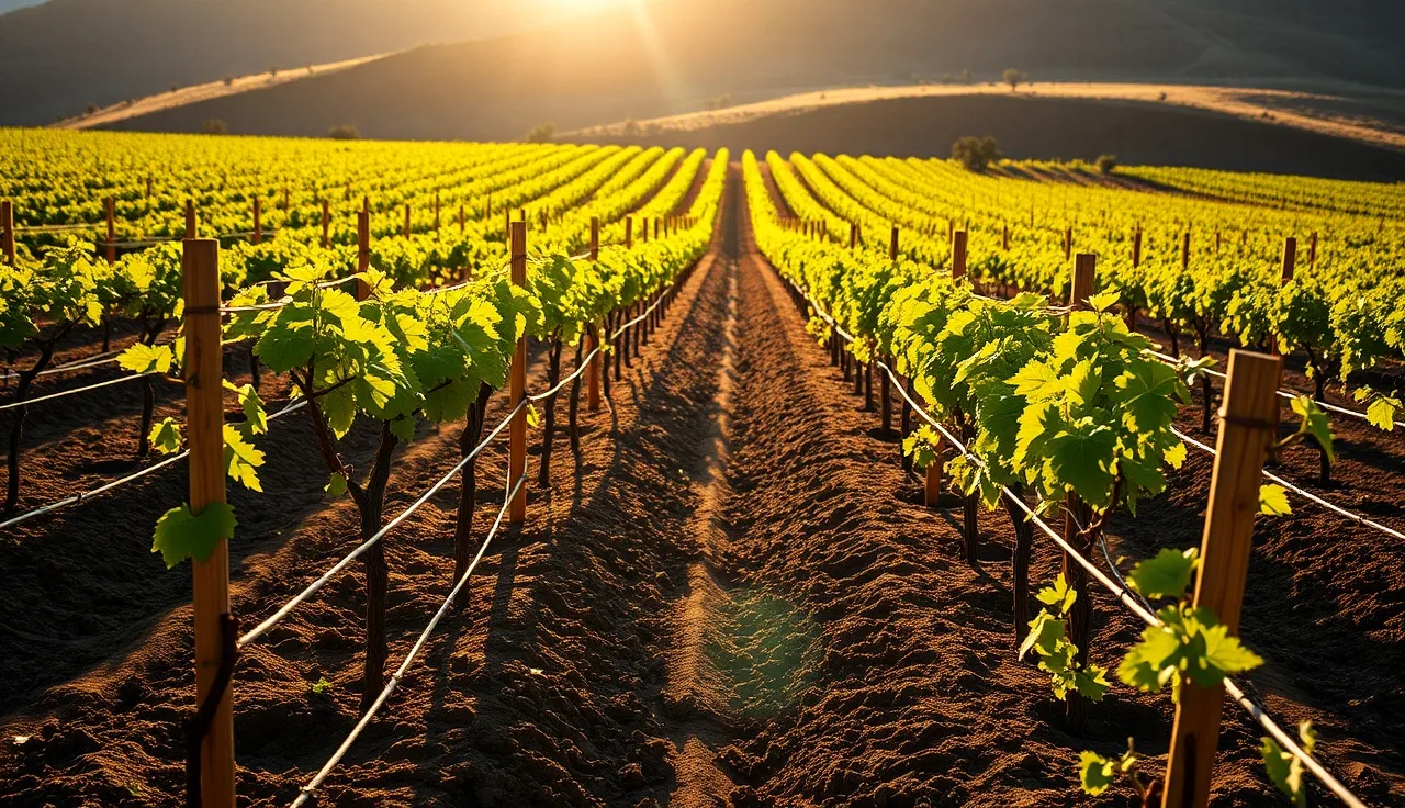 New vineyard block with trellis posts and drip irrigation during establishment