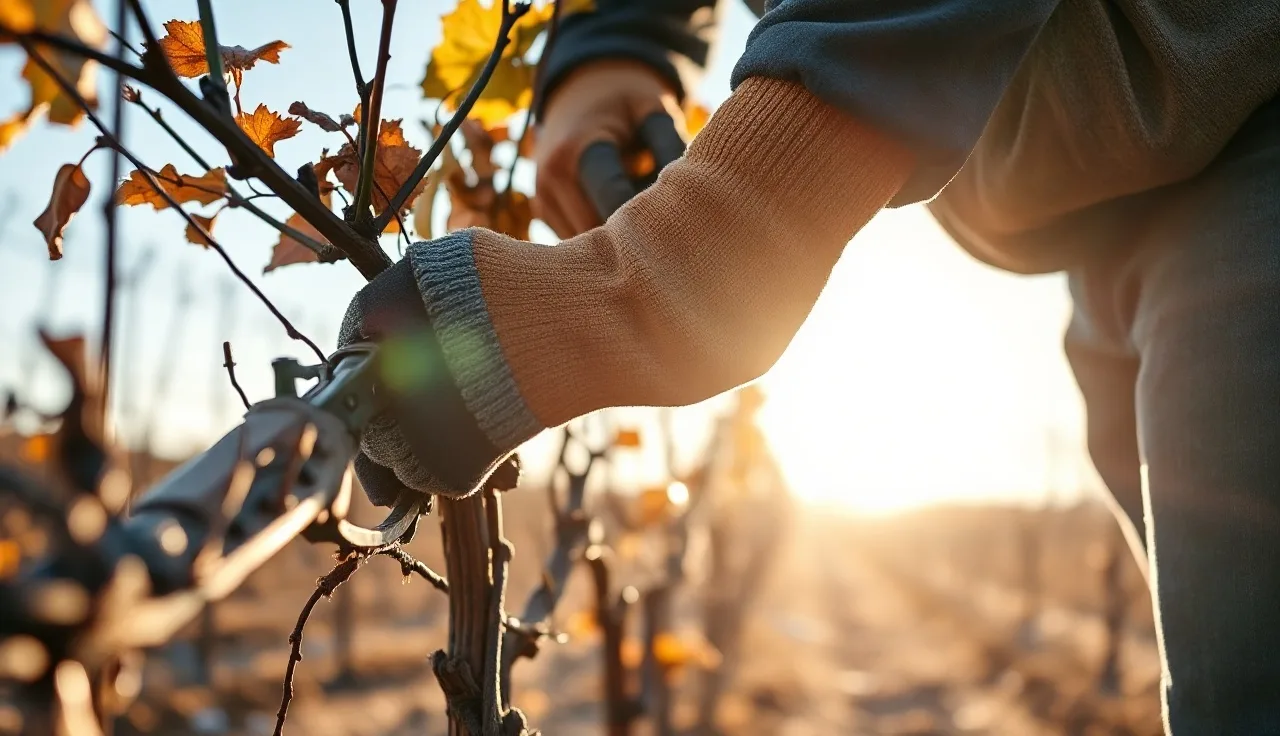 Vineyard worker pruning dormant grape vine canes in a winter vineyard row