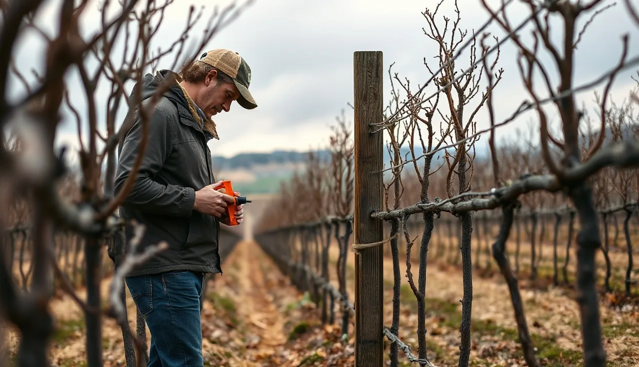 Vineyard worker using a measuring pole to check catch wire height on bare VSP vines