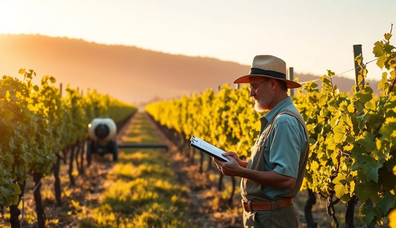 Vineyard worker recording spray application details on clipboard beside an airblast sprayer