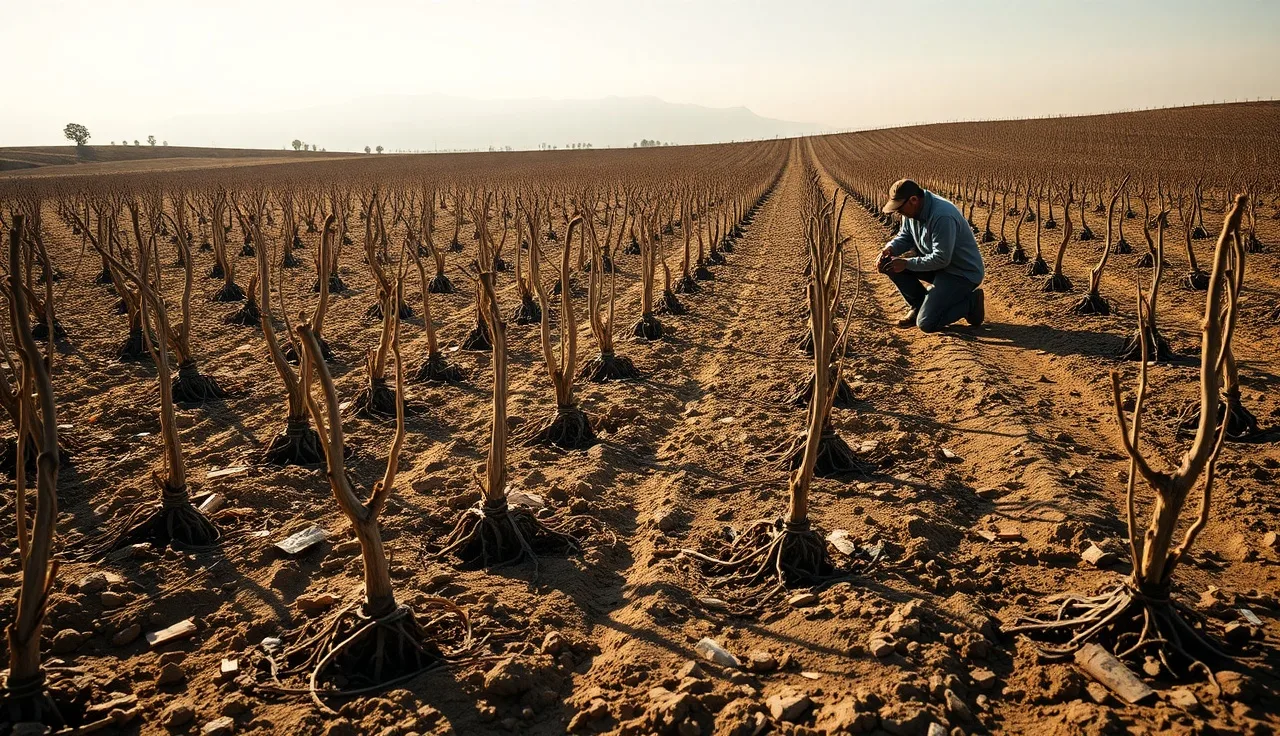 Bareroot grapevine bundles arranged on soil before planting in a California vineyard