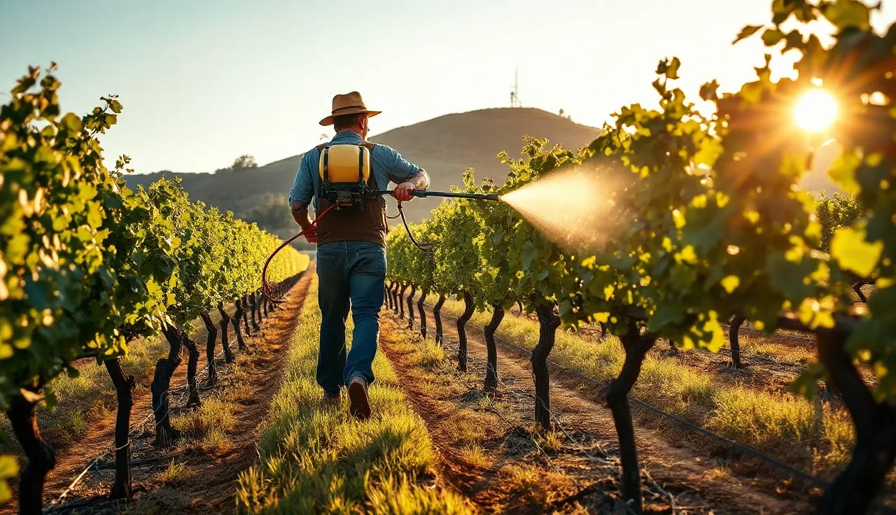 Vineyard worker applying herbicide spray under grapevine rows at sunrise