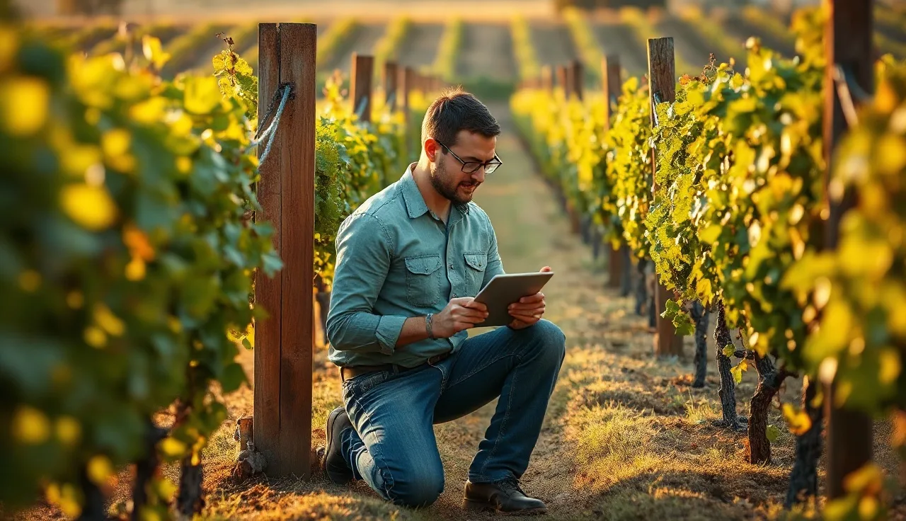 Vineyard manager with tablet checking vine rows after spray application at golden hour