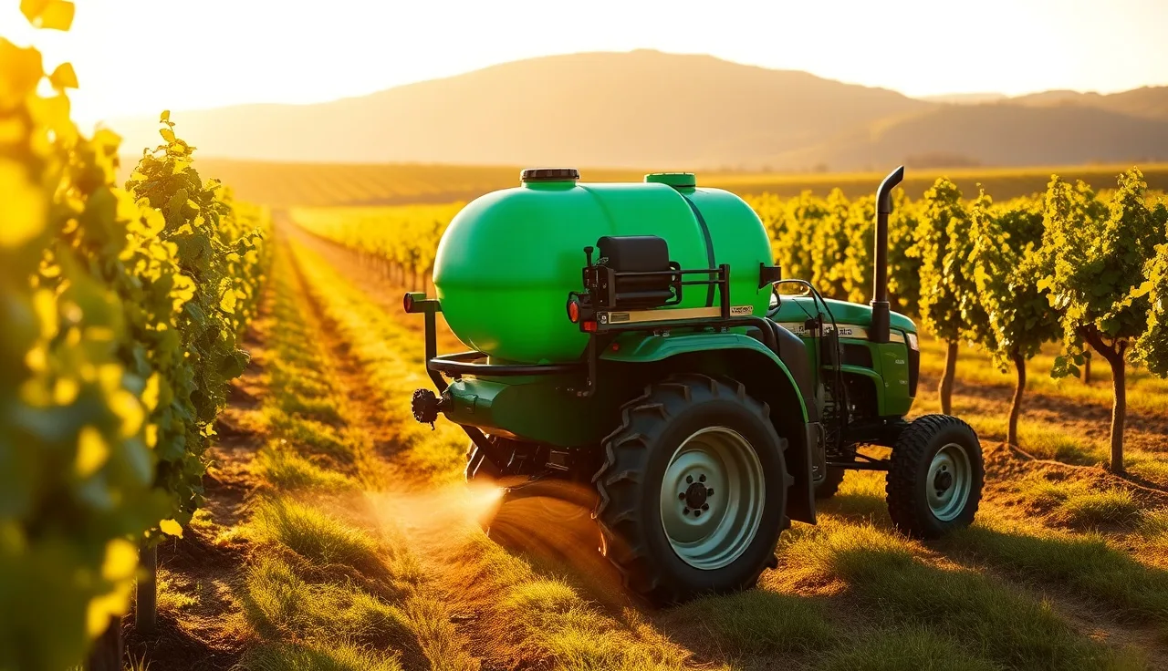 Airblast vineyard sprayer moving through grapevine rows at dawn