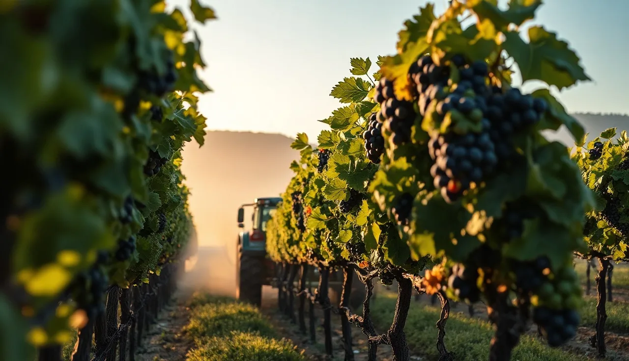 Sprayer applying fungicide mist to grapevine clusters at sunrise in a vineyard