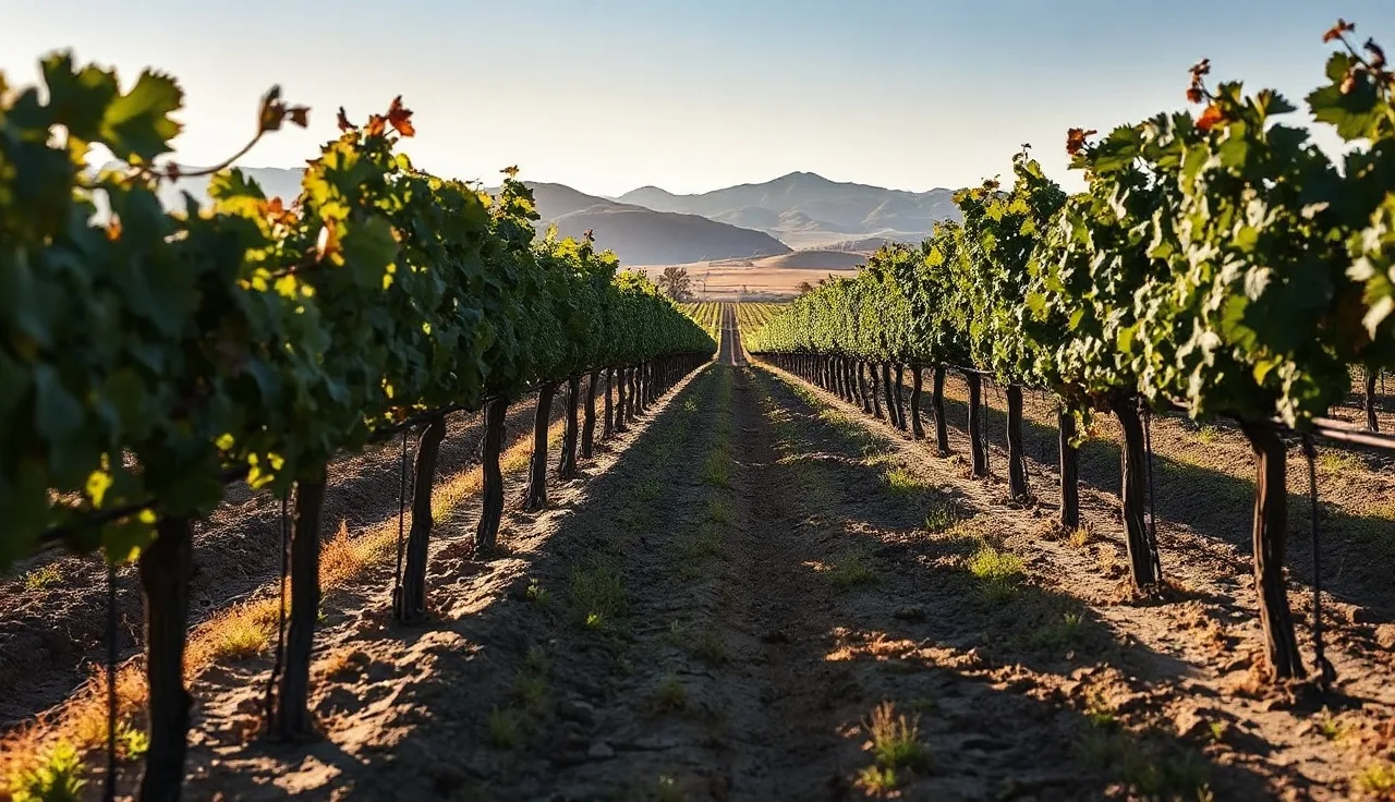 Drought-stressed vineyard rows under summer heat with cracked dry soil