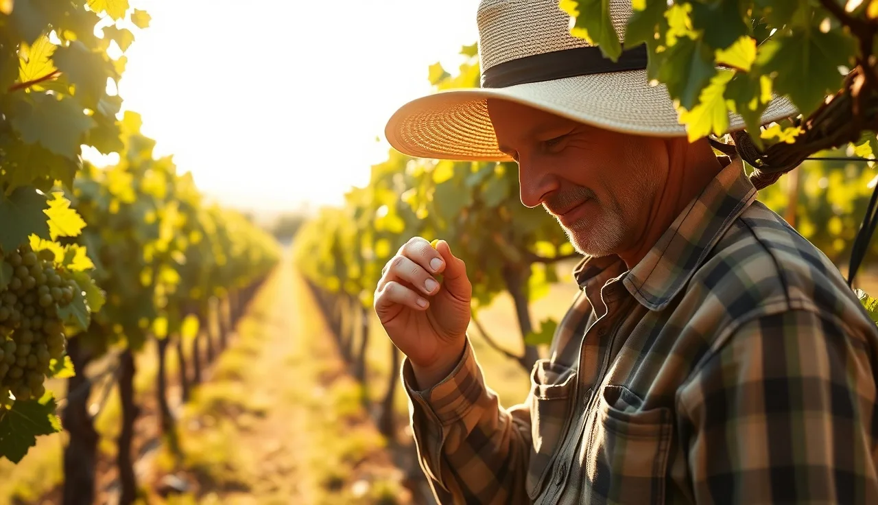 Vineyard worker counting grape clusters on vine cordon for yield estimation