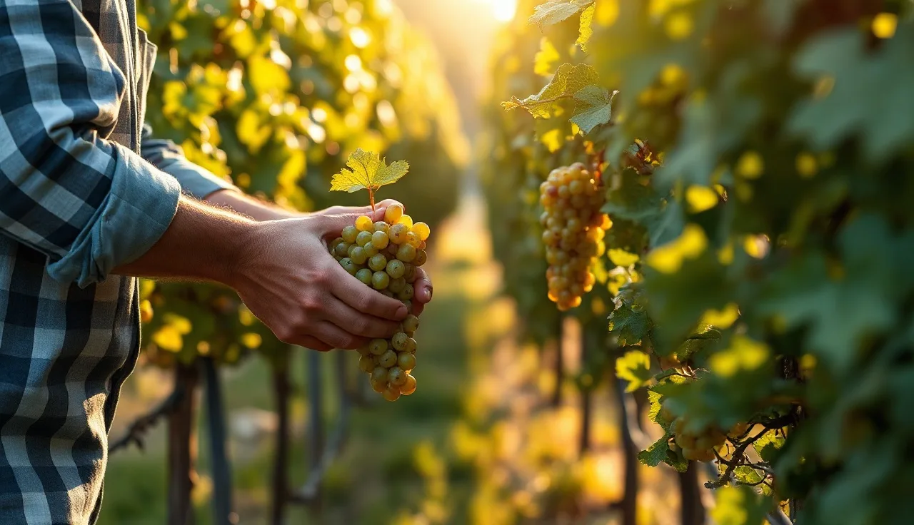 Vineyard worker thinning grape clusters in a green vine row at fruit set