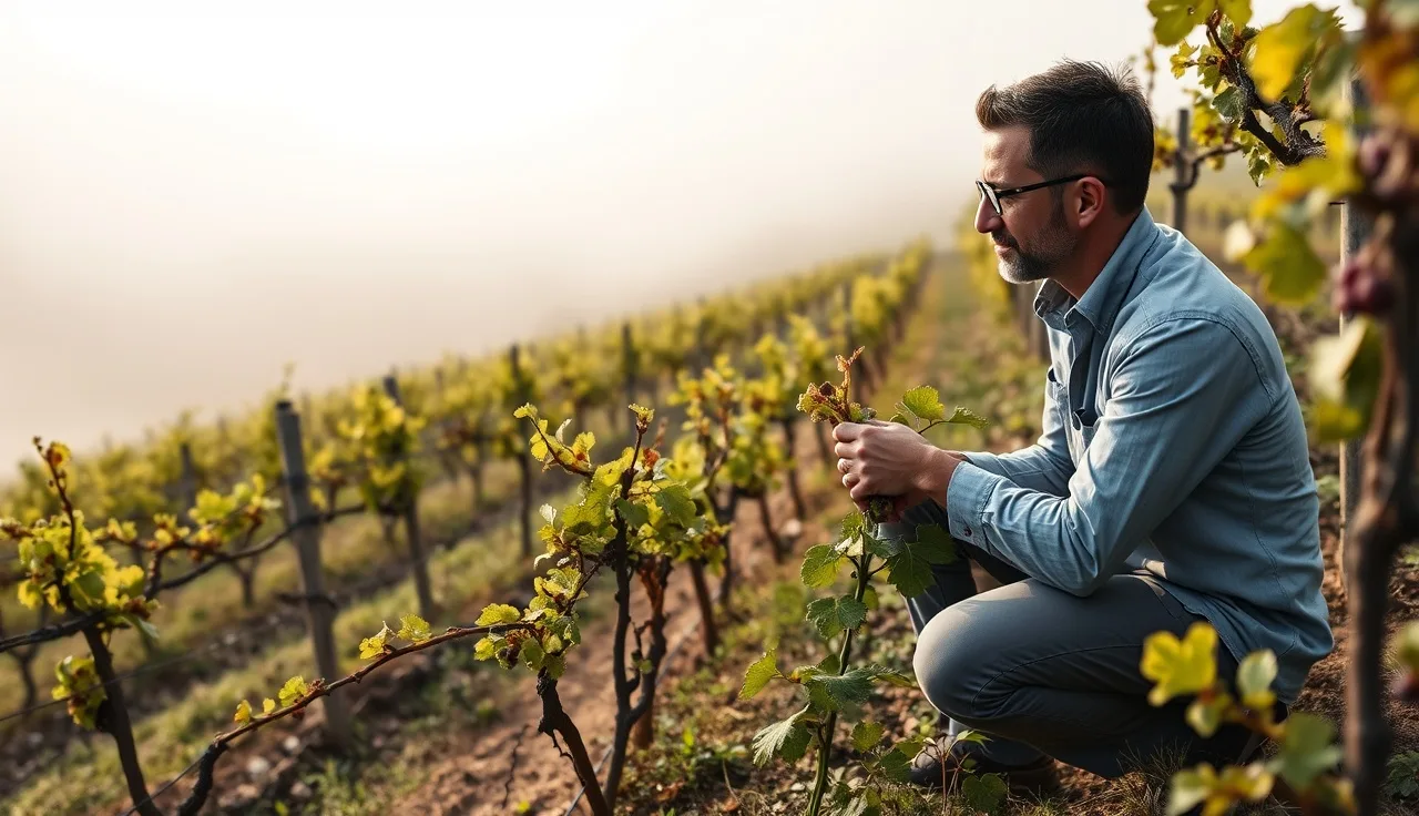 Viticulture consultant examining Pinot Noir clusters in foggy coastal vineyard at dawn