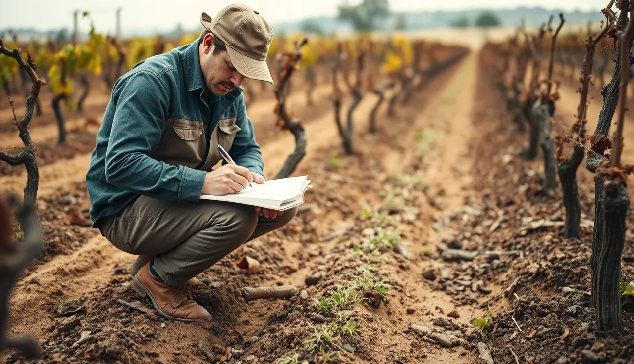 Vineyard manager recording pesticide application details in a field notebook between vine rows