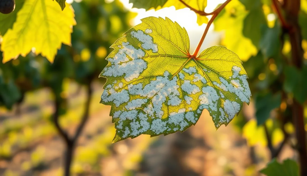 Grapevine leaf covered in powdery mildew with vineyard rows in background