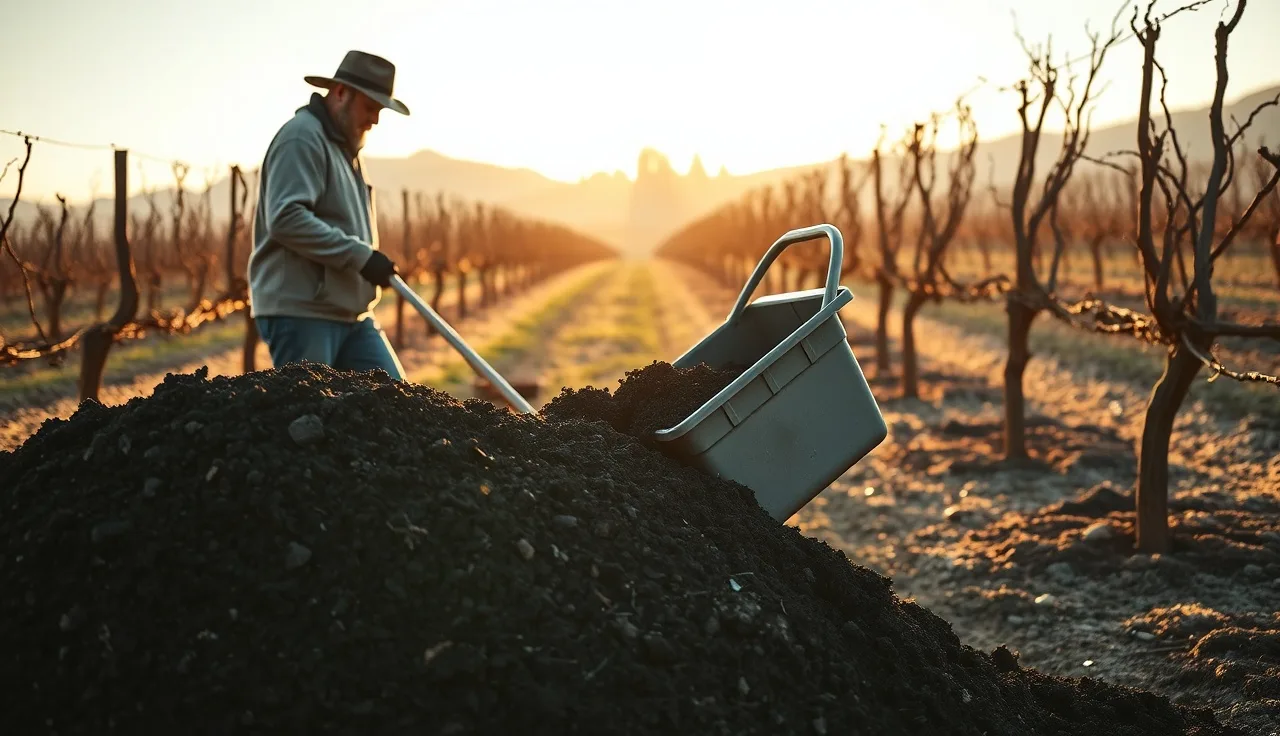 Vineyard worker spreading compost between dormant grapevine rows at dawn