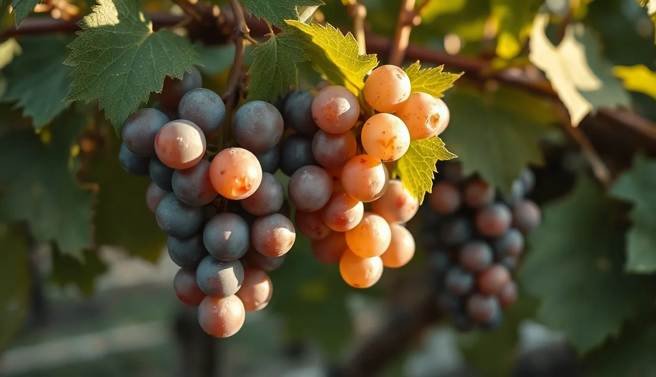 Concord grape clusters on vine with powdery mildew visible on leaves in morning light