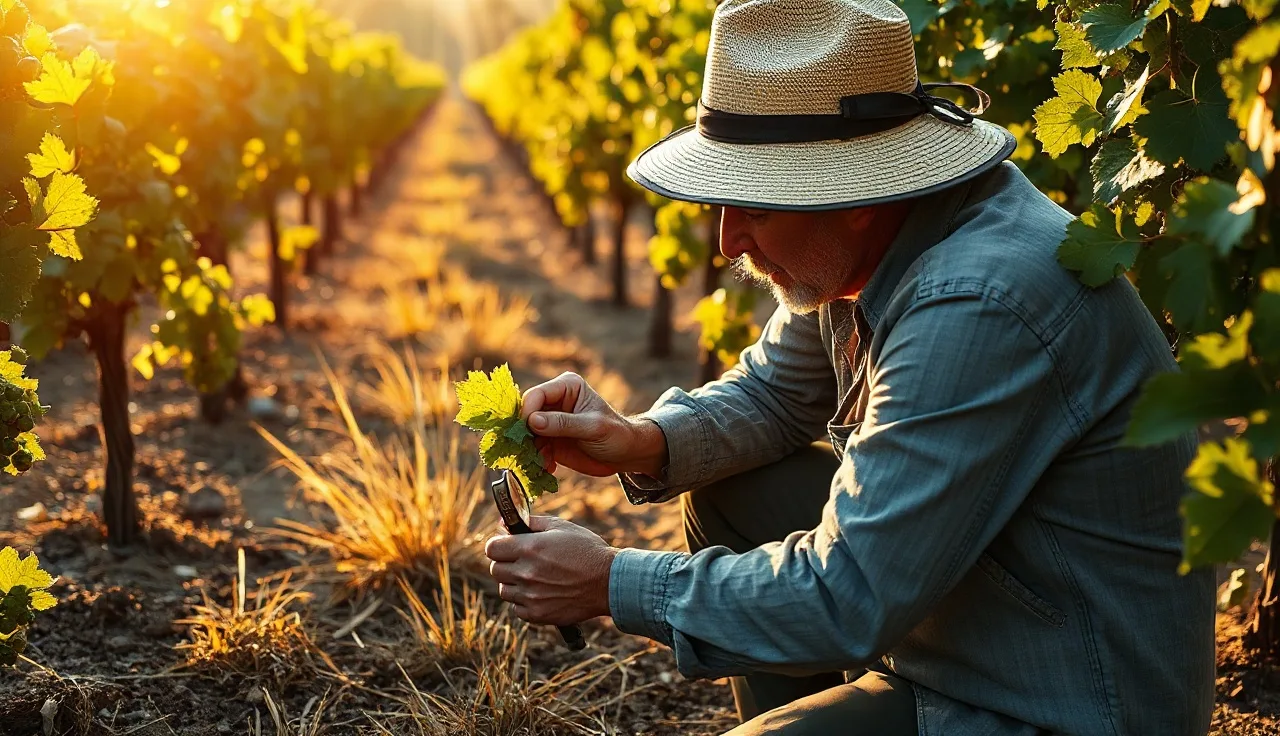 Vineyard consultant examining grapevine leaves closely between vine rows at golden hour
