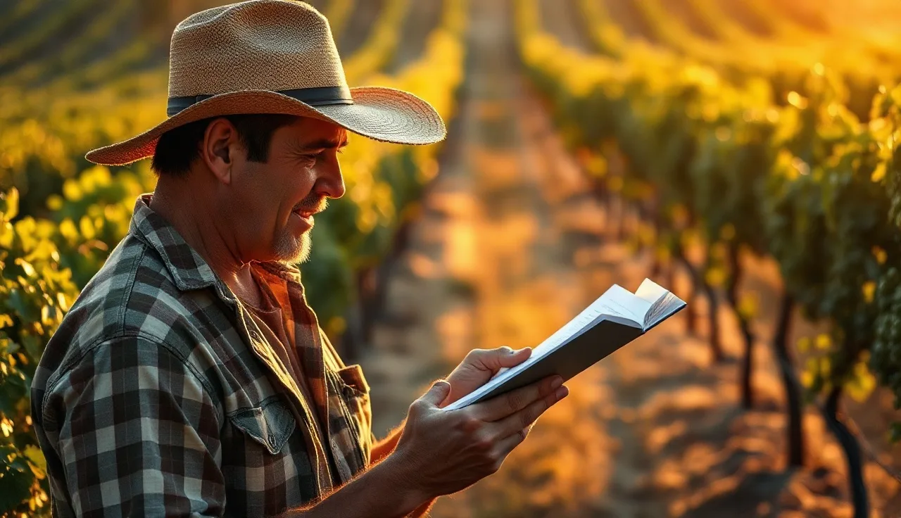 Vineyard manager reviewing field notes between vine rows at golden hour
