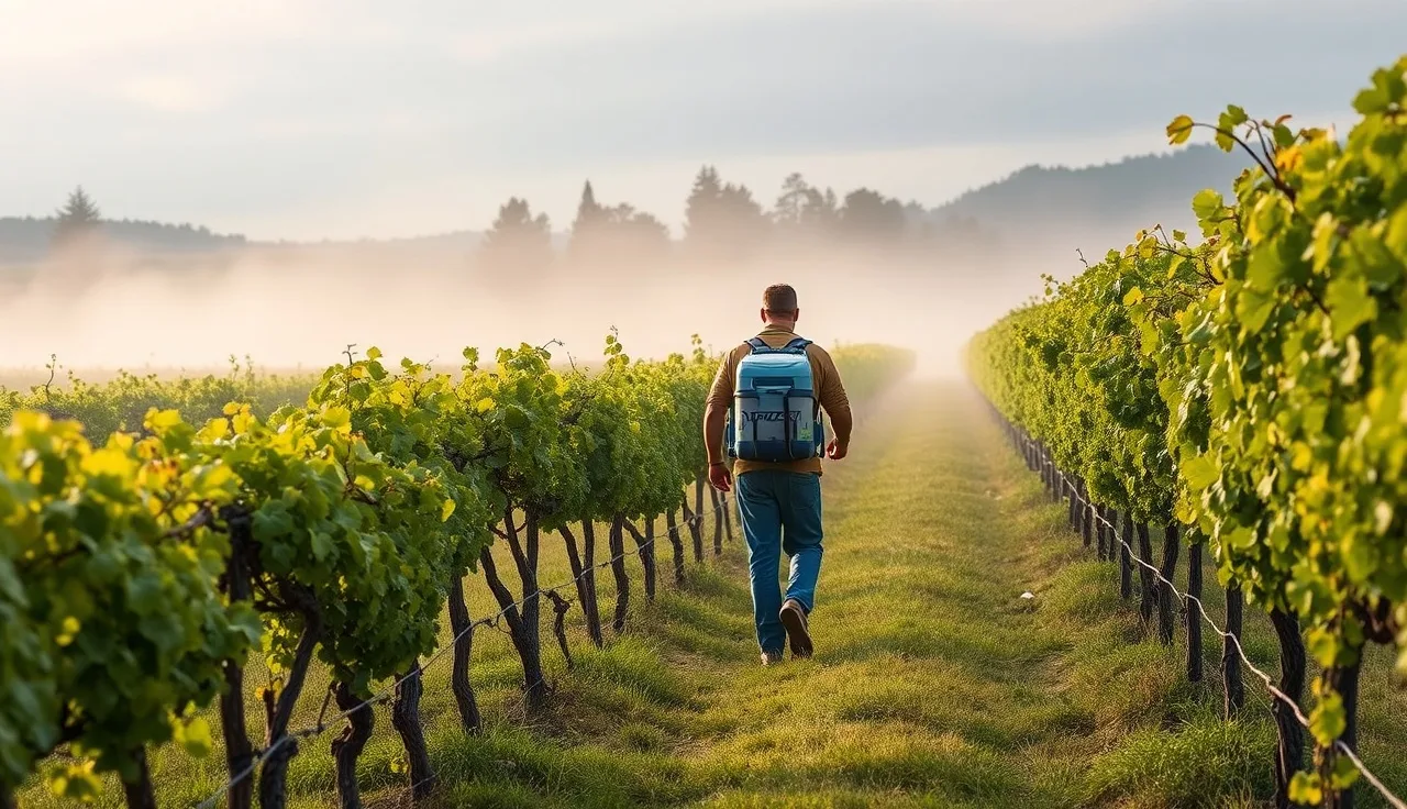Vineyard worker applying copper fungicide spray to grapevines at dawn
