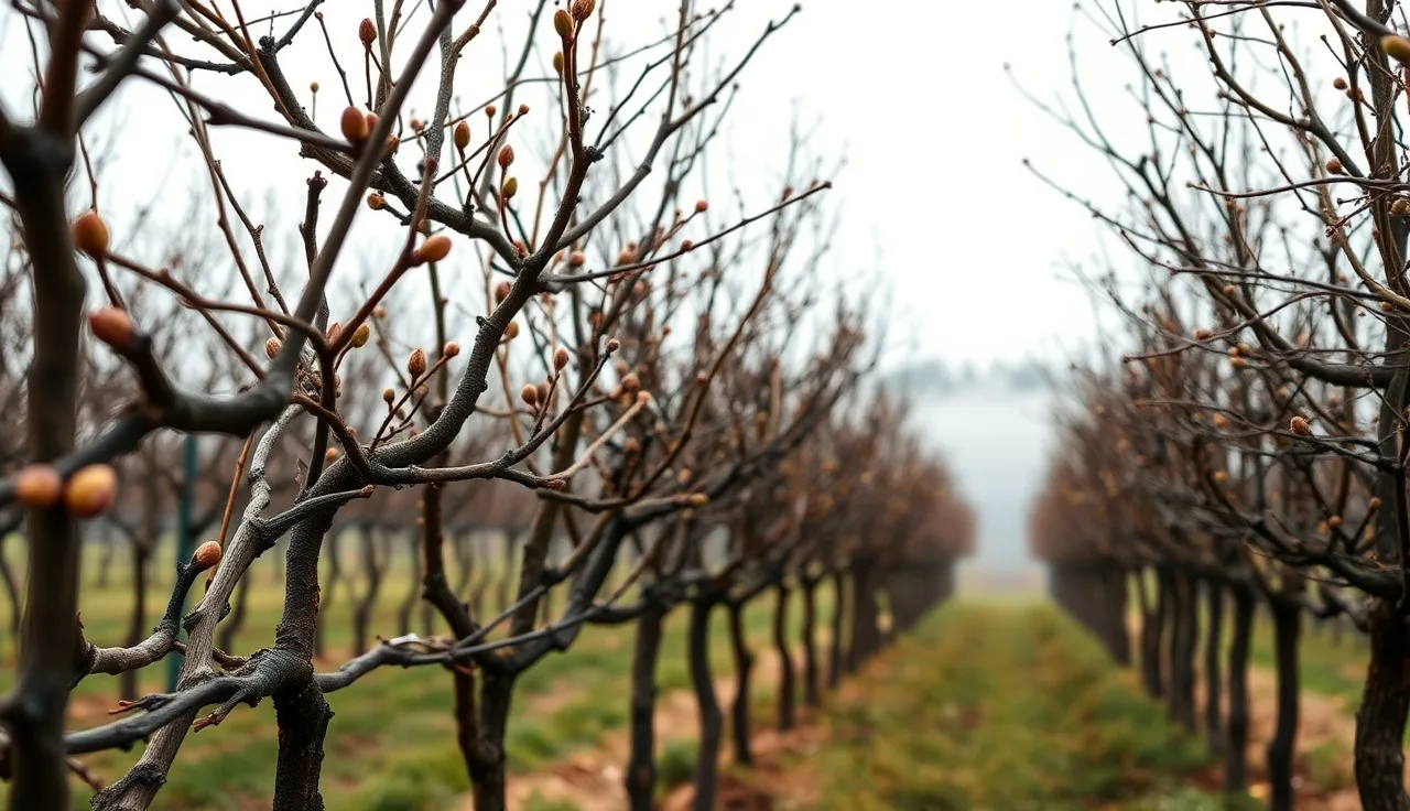 Dormant vineyard rows with copper spray residue on swelling grapevine buds in early spring