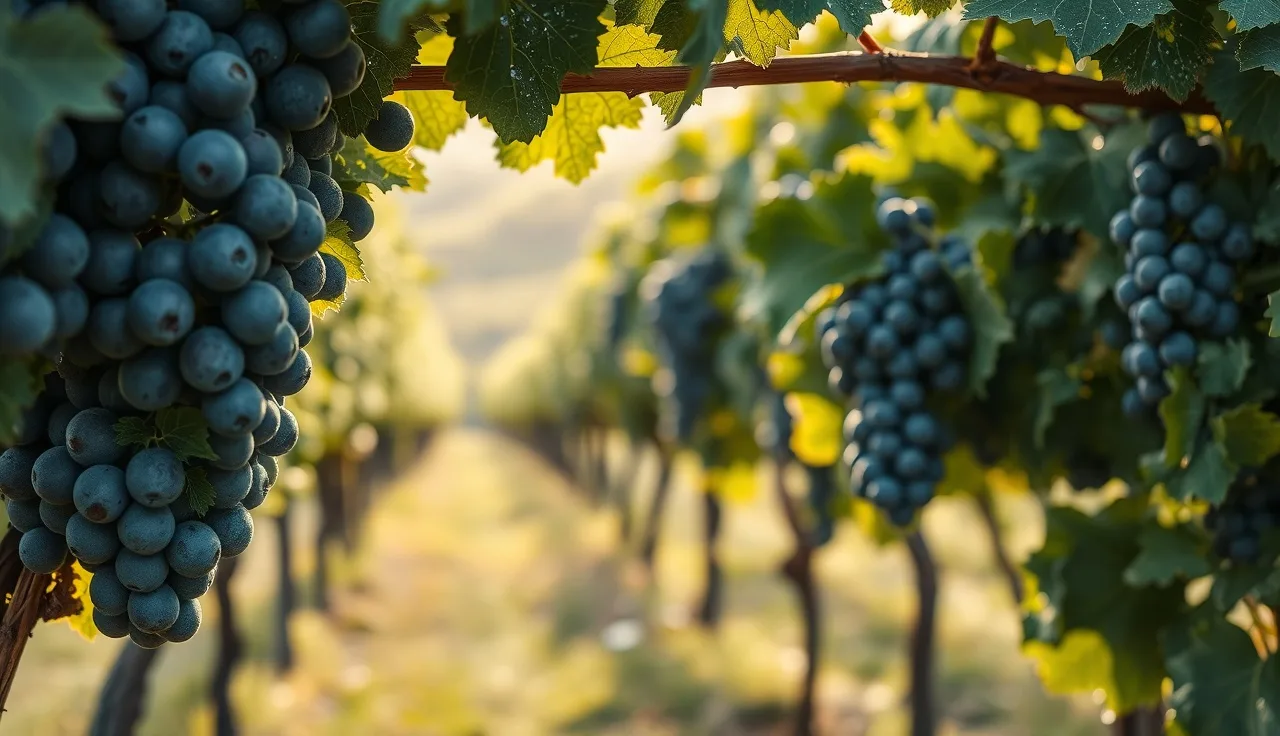 Grapevine leaves with blue copper fungicide residue in a morning vineyard