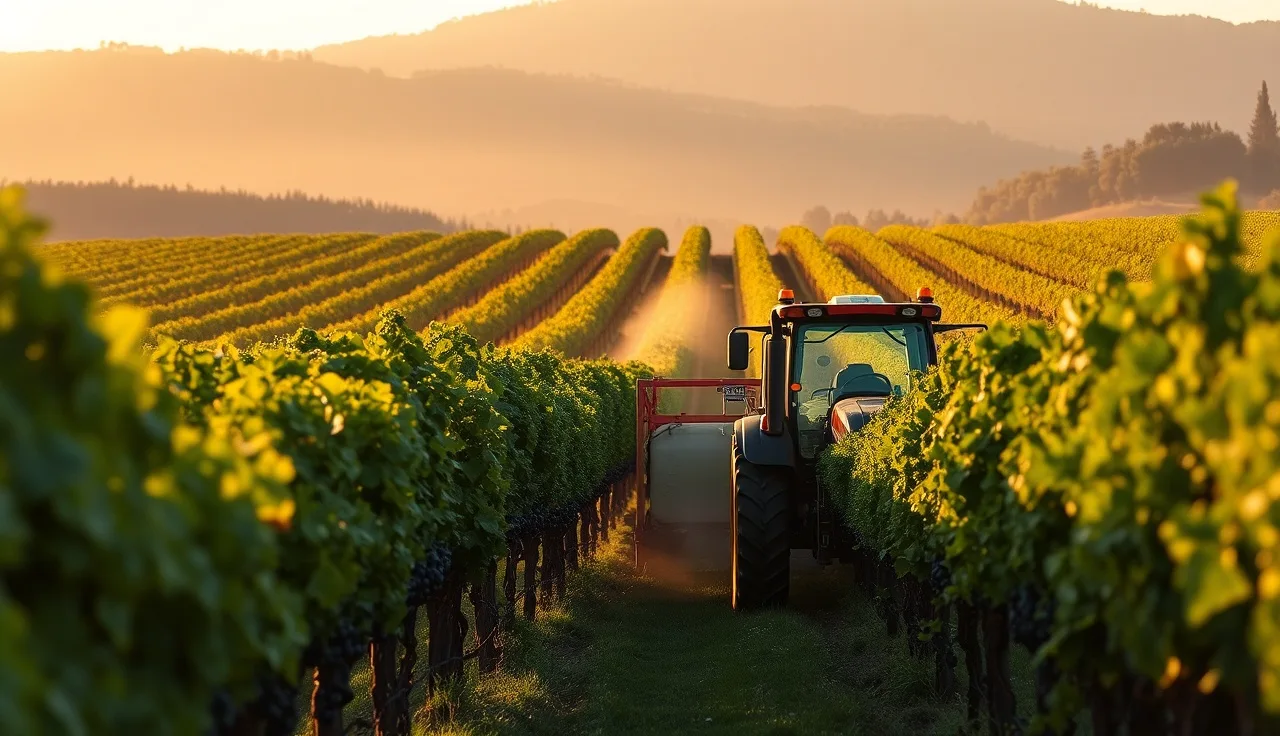 Vineyard tractor spraying copper sulfate mist through grapevine rows at dawn