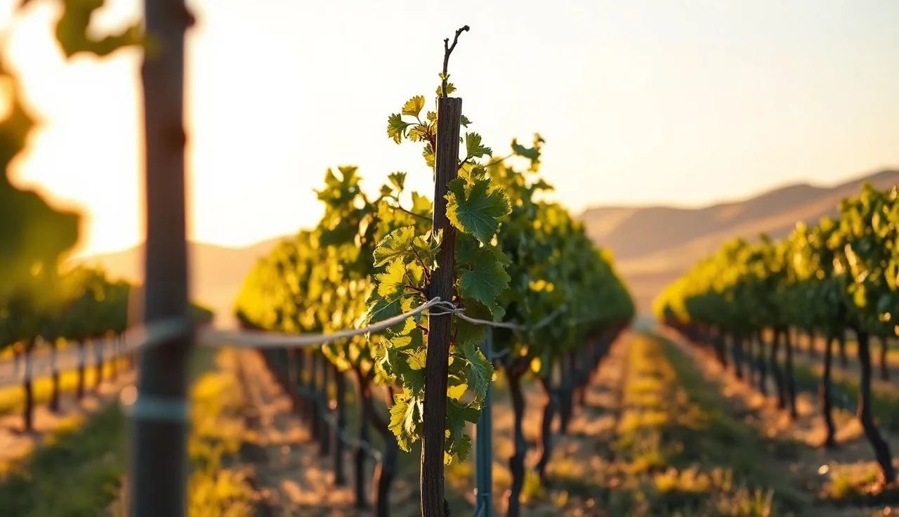 Dormant grapevine cordons trained along a wire in a winter vineyard row