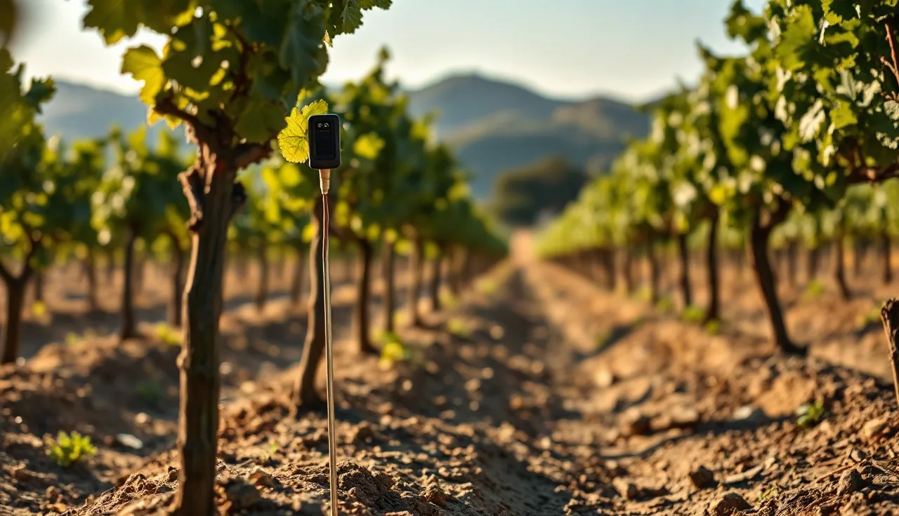 IoT soil moisture sensor probe installed between grapevines in a summer vineyard
