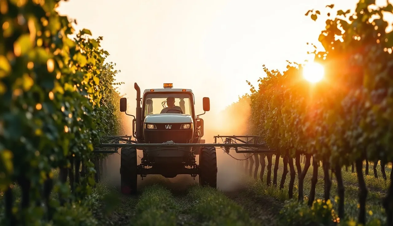Airblast sprayer applying fungicide through a grapevine row at dawn