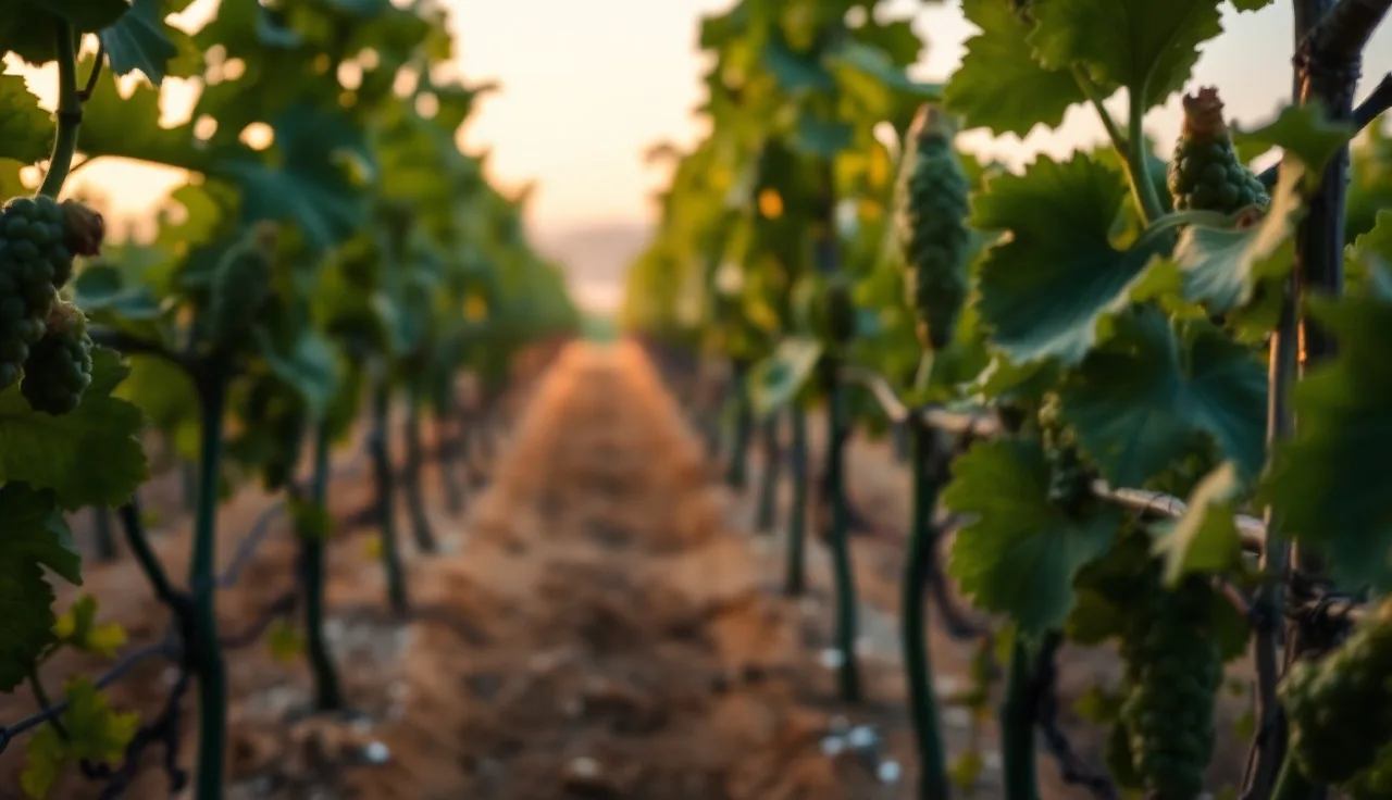 Distorted grapevine shoots showing auxin herbicide drift injury at vineyard edge