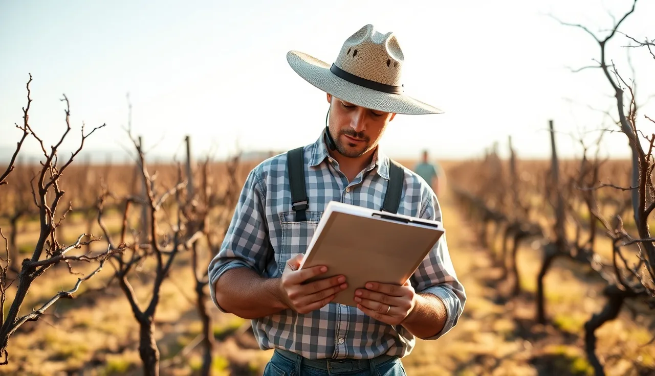 Vineyard manager reviewing spray records beside grapevine rows at dawn