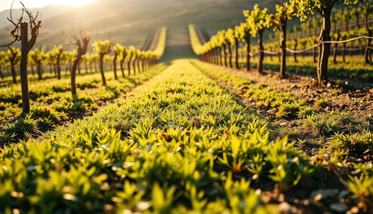 Dense green cover crop growing between dormant winter vineyard vine rows on a hillside