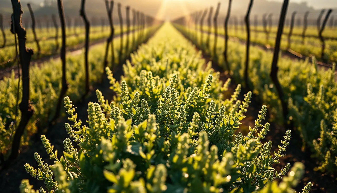 Dense hairy vetch cover crop growing between dormant grapevine rows in a vineyard at dawn