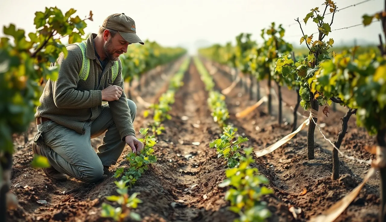 Vineyard manager examining cover crop seedlings between dormant grapevines at dawn