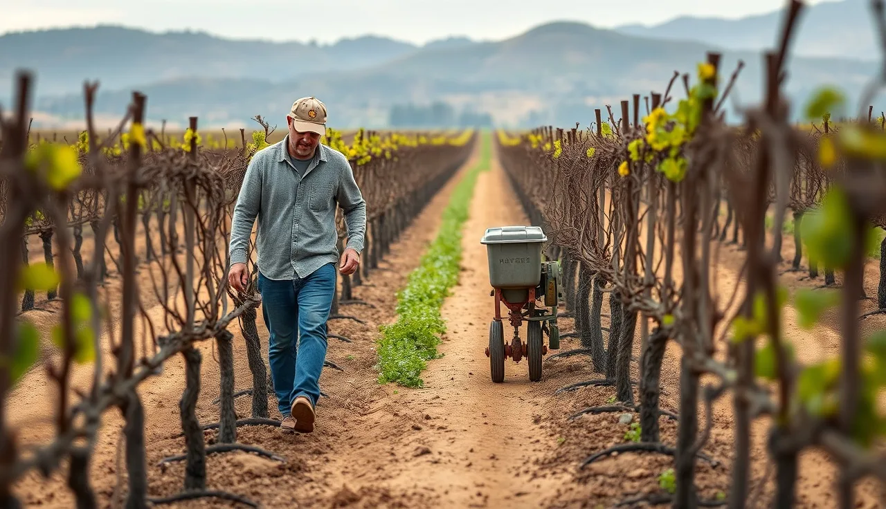 Vineyard worker operating a seeder between dormant grapevine rows planting cover crops