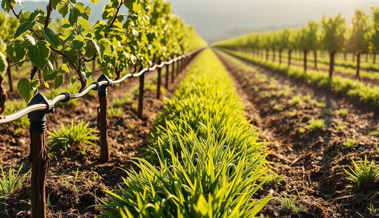 Drip emitters below grapevines with cereal rye cover crop in mid-row between rows