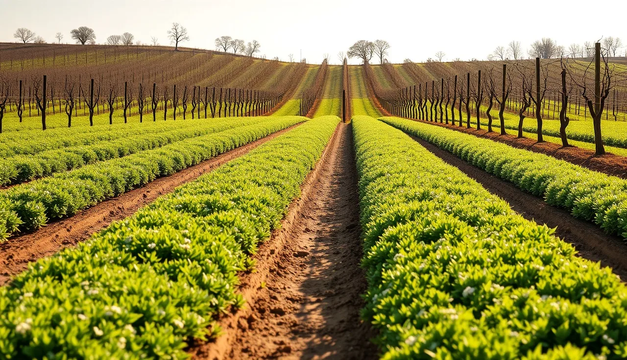 Green cover crop growing between vineyard rows on loam soil in early spring