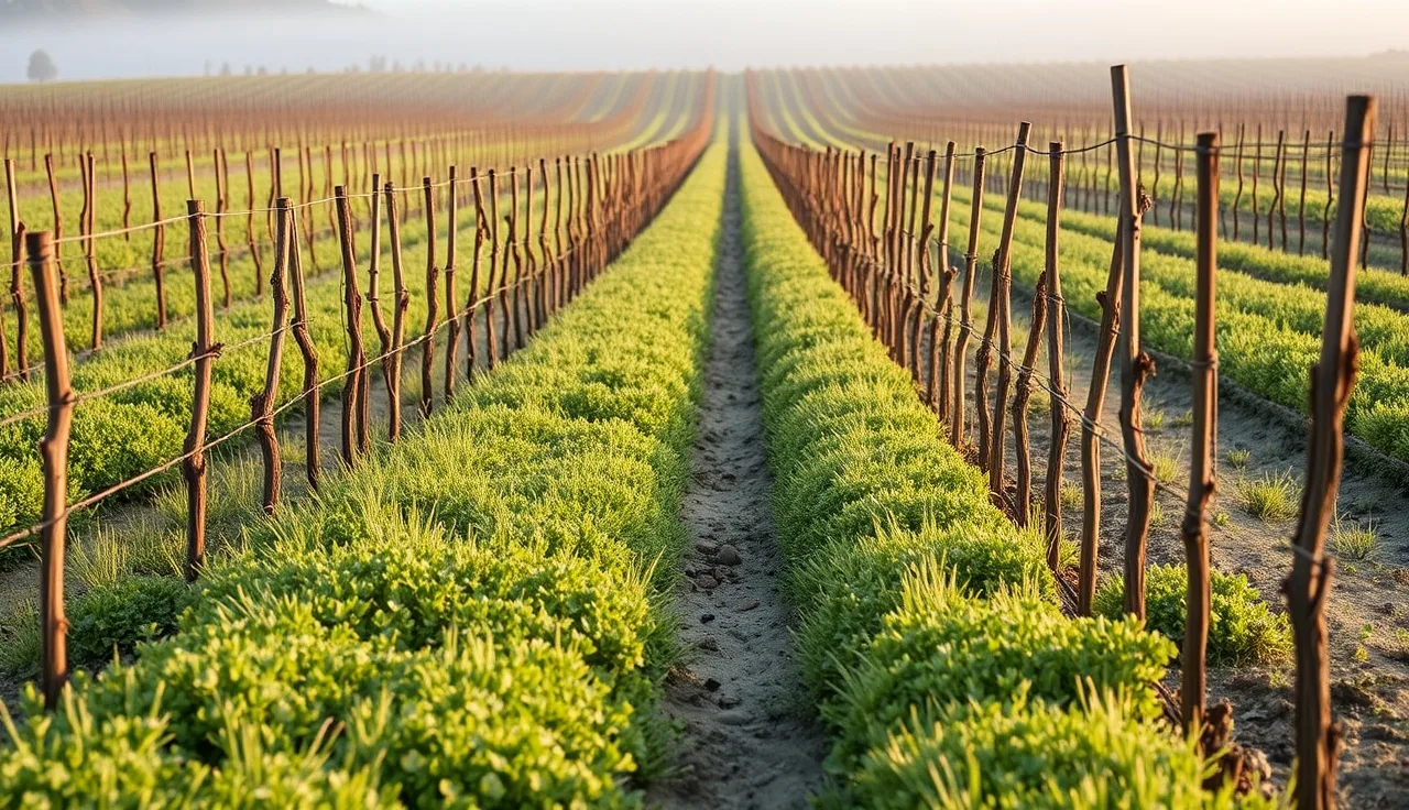 Dense green cover crop growing in vineyard row middles between dormant grapevines on clay soil